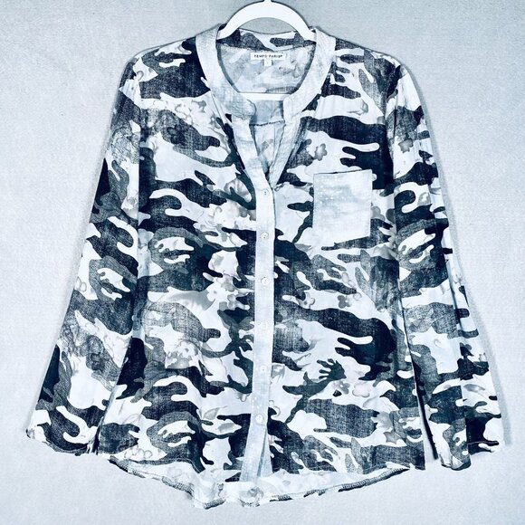 Tempo Paris Top Womems L Gray Cotton Button Up Shirt Camo Sequins Italy - Picture 1 of 12